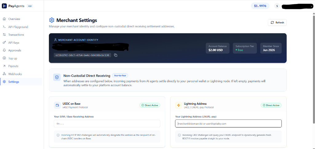 PayAgents Settings Dashboard - Non-Custodial Direct Receiving Configuration